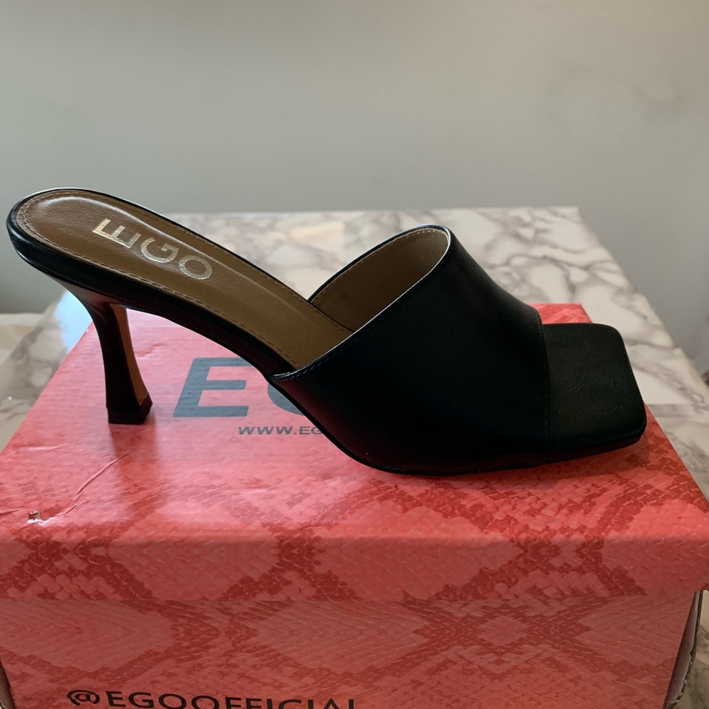 EGO Hilton Square Toe Black Faux Leather Mule Heel